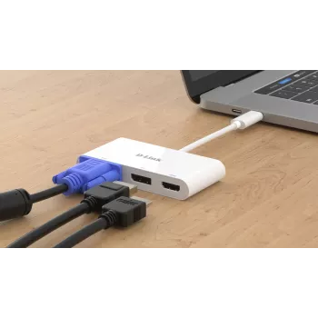D-Link 3-in-1 USB-C σε HDMI/VGA/DisplayPort Προσαρμογέας, Ενσύρματο, USB 3.2 Gen 1 (3.1 Gen 1) Type-C, Λευκό, CE, FCC, IC, RCM, DC, 0.04 A
