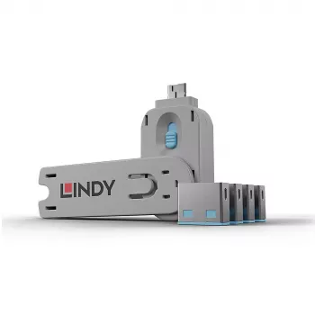 Lindy USB Port Blocker - συσκευασία 4 τεμ., Κωδικός χρώματος: Μπλε, Portblocker + κλειδί, USB Type-A, Μπλε, Ακρυλονιτρίλιο-Βουταδιένιο-Στυρόλιο (ABS), 5 τεμ., Σακούλα