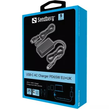 Sandberg 135-76 φορτιστής εναλλασσόμενου ρεύματος USB-C PD65W EU+UK, 65 W, 3,25 A, 100-240 V, καλώδιο 1,8 m