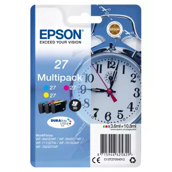 Epson Alarm clock Multipack 3 χρωμάτων 27 DURABrite Ultra μελάνι, τυπική απόδοση, cyan, magenta, κίτρινο, μελάνι pigment, 3,6 ml, 1 τεμ., πολυσυσκευασία