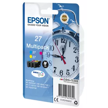 Epson Alarm clock Multipack 3 χρωμάτων 27 DURABrite Ultra μελάνι, τυπική απόδοση, cyan, magenta, κίτρινο, μελάνι pigment, 3,6 ml, 1 τεμ., πολυσυσκευασία