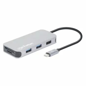 Manhattan USB-C Dock/Hub με αναγνώστη καρτών, θύρες (x6): Ethernet, HDMI, USB-A (x3) και USB-C, με Power Delivery (100 W) στη θύρα USB-C (σημείωση: απαιτείται πρόσθετο τροφοδοτικό USB-C και καλώδιο USB-C), καθολικό για όλες τις συσκευές, καλώδιο 15 cm, αλουμίνιο, ασημί