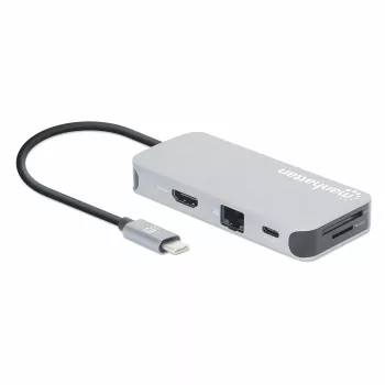 Manhattan USB-C Dock/Hub με αναγνώστη καρτών, θύρες (x6): Ethernet, HDMI, USB-A (x3) και USB-C, με Power Delivery (100 W) στη θύρα USB-C (σημείωση: απαιτείται πρόσθετο τροφοδοτικό USB-C και καλώδιο USB-C), καθολικό για όλες τις συσκευές, καλώδιο 15 cm, αλουμίνιο, ασημί