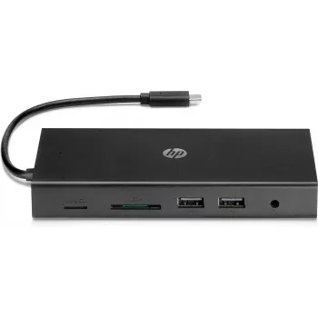 USB-C Multi Port Hub HP Travel – HP 1C1Y5AA, USB-C Host, HDMI 2.0, VGA, 1×RJ-45, 2×USB-A 3.2 Gen1, 2×USB 2.0, αναγνώστης καρτών MicroSD, μαύρο