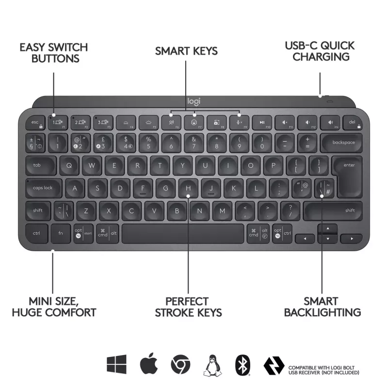 LOGITECH MX Keys Mini Φωτιζόμενο Πληκτρολόγιο - Ασύρματο Bluetooth - Graphite - Azerty Γαλλικό