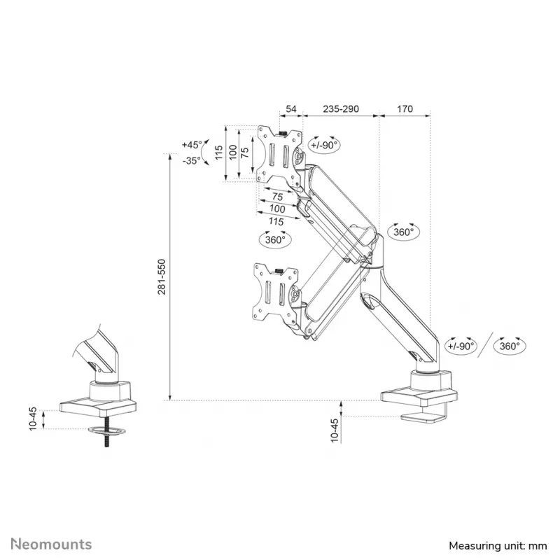 Neomounts DS70-450BL1 Βραχίονας οθόνης 17-42 ίντσες - γκάζι - Topfix - 180°-stop