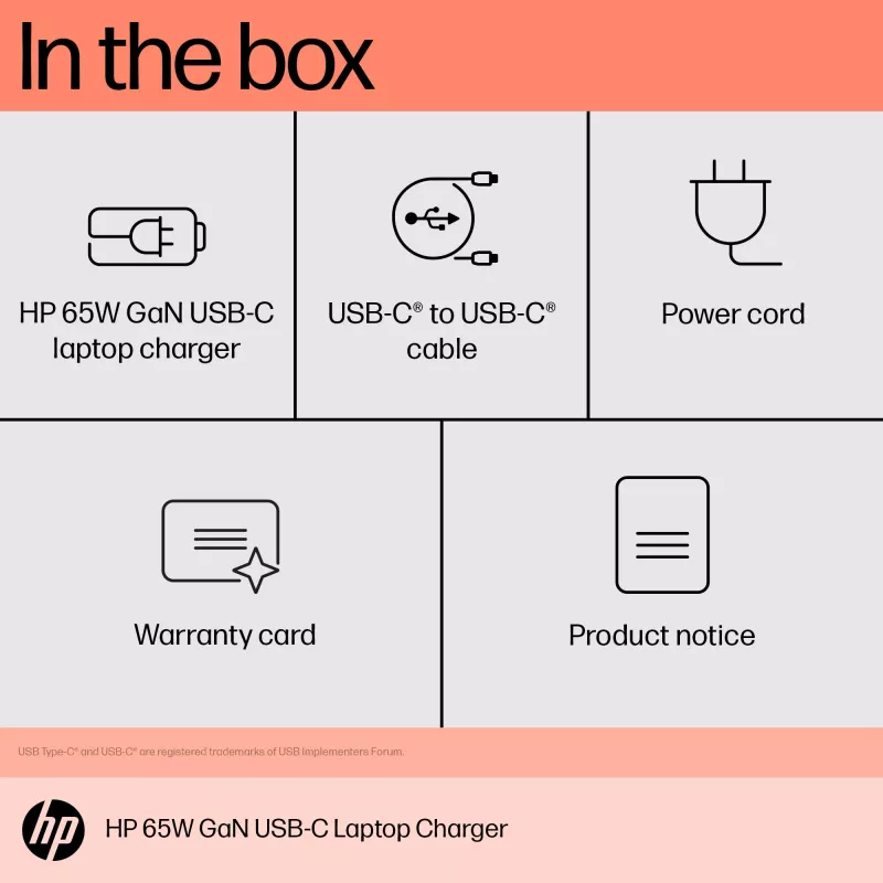 HP 600Q7AA φορτιστής laptop GaN USB-C 65 W, 2 × USB-C, 20 V, μαύρος