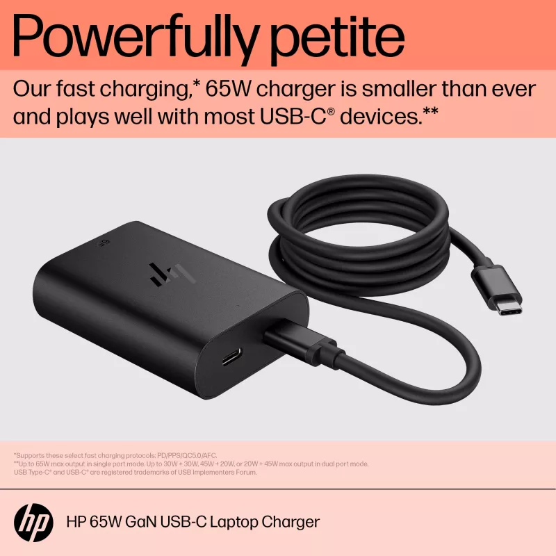 HP 600Q7AA φορτιστής laptop GaN USB-C 65 W, 2 × USB-C, 20 V, μαύρος