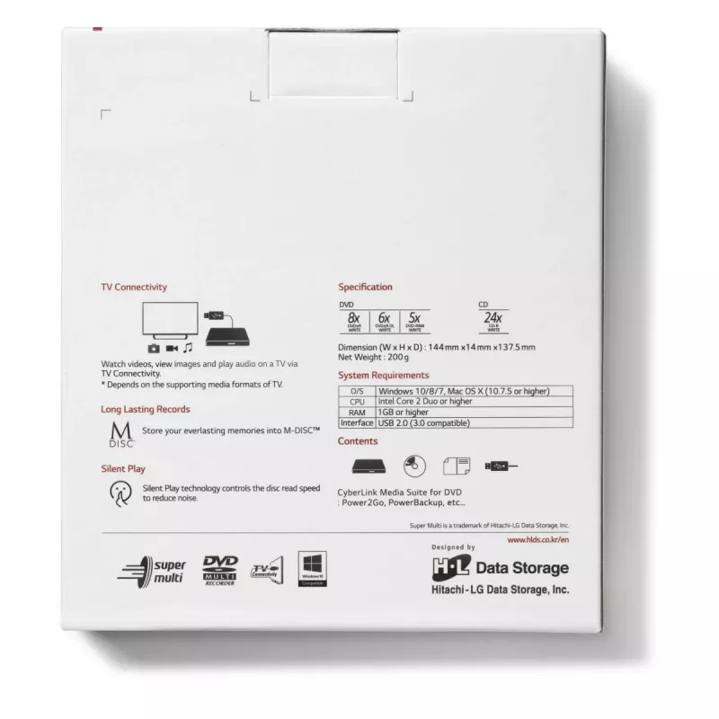 HITACHI-LG DATA STORAGE Λεπτό φορητό DVD drive - Gp60nw60 - USB 2.0 - Λευκό