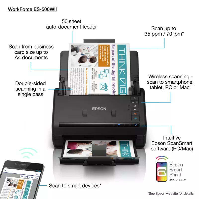 Σαρωτής εγγράφων Epson WorkForce ES-500WII 600 x 600 dpi A4 μαύρο