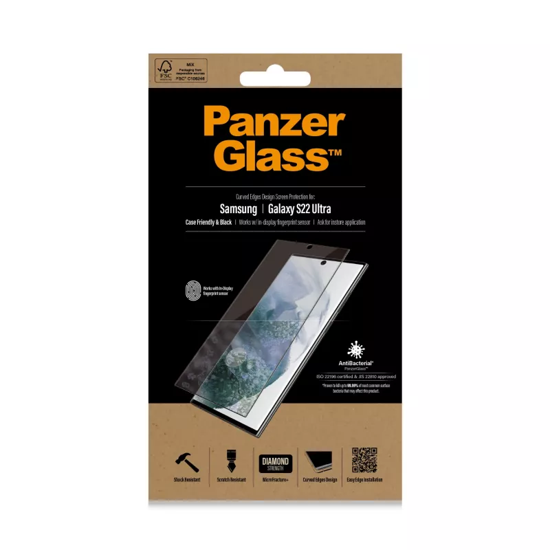 PanzerGlass 7295 προστατευτικό οθόνης για Samsung Galaxy S22 Ultra, σκληρυμένο γυαλί, συμβατό με θήκες, μαύρο