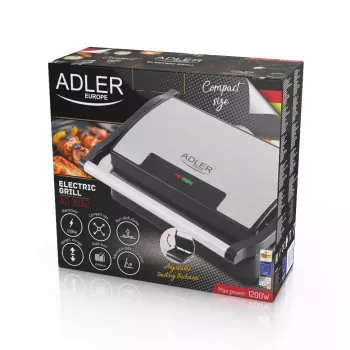 Γκριλ επαφής Adler AD 3052 ορθογώνιο Ατσάλι/Μαύρο, 1200 W, επιφάνεια σχάρας, καπάκι με κλείδωμα
