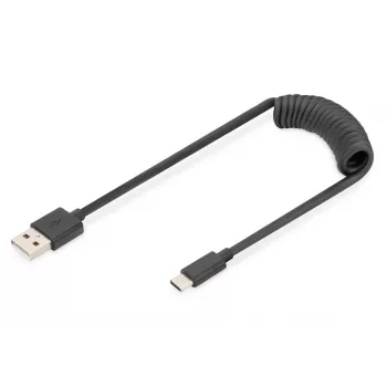 Digitus AK-300430-006-S σπιράλ καλώδιο USB 2.0 USB-A σε USB-C, 1 m, 480 Mbit/s, 60 W PD, μαύρο