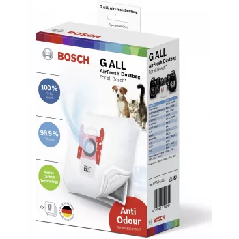 Σακούλες σκόνης για σκούπα με κάδο Bosch BBZAFGALL — συσκευασία 4 τεμ., λευκές, 240×75×165 mm, 100 g ανά τεμ.