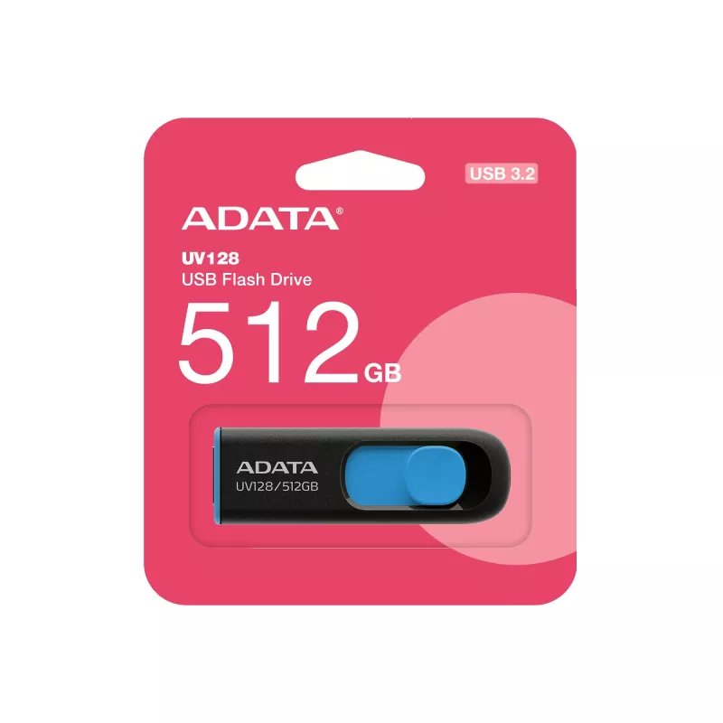 ADATA UV128 AUV128-512G-RBE μονάδα flash USB 512 GB, USB-A 3.2 Gen 1, συρόμενη, μαύρο/μπλε