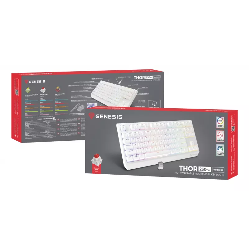 Πληκτρολόγιο Gaming Tenkeyless GENESIS Thor 230 TKL — USB, RF Wireless, Bluetooth, QWERTY, λευκό