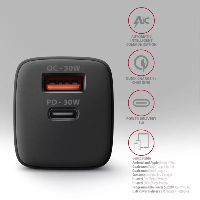 Axagon ACU-PQ30 PD3.0 & QC4+ 2xOUTPUTS επιτοίχιος φορτιστής 30W