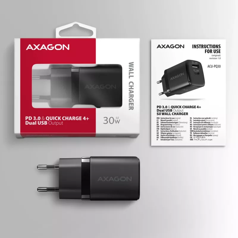 Axagon ACU-PQ30 PD3.0 & QC4+ 2xOUTPUTS επιτοίχιος φορτιστής 30W