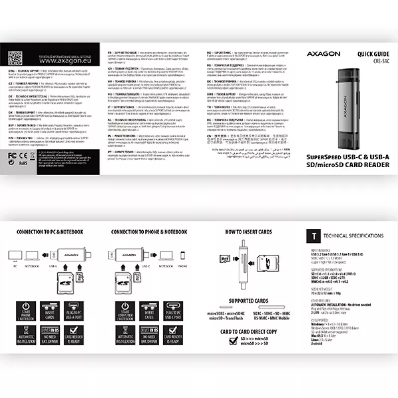 Axagon CRE-SAC SuperSpeed USB-C+USB-A αναγνώστης καρτών 5 Gbit/s