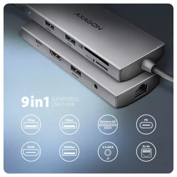Axagon HMC-8HLSA, USB 5Gbps Hub, 3x USB-A, HDMI 4K/60Hz, RJ-45, SD/microSD, Ήχος, PD 100W