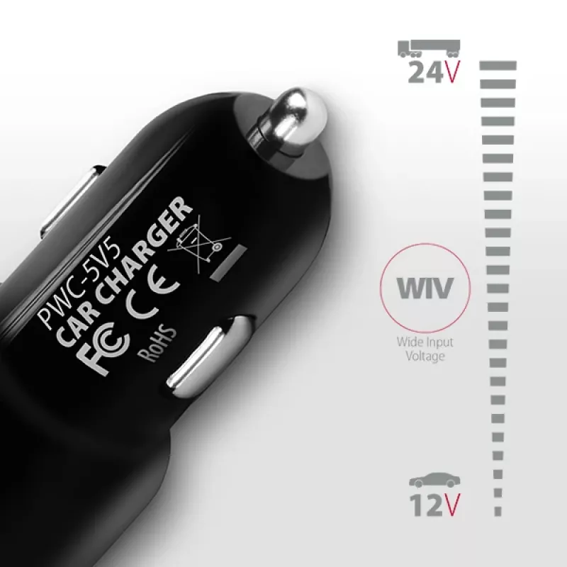 Axagon PWC-5V5 SMART Auto φορτιστής 24W, 2x θύρα USB-A, 5V/2,4A + 5V/2,4A