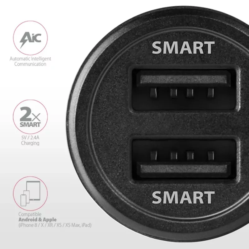 Axagon PWC-5V5 SMART Auto φορτιστής 24W, 2x θύρα USB-A, 5V/2,4A + 5V/2,4A