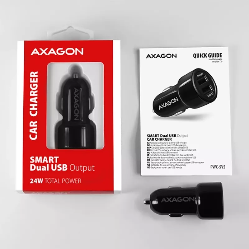 Axagon PWC-5V5 SMART Auto φορτιστής 24W, 2x θύρα USB-A, 5V/2,4A + 5V/2,4A