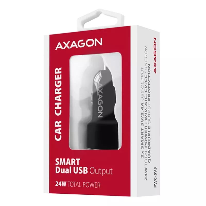 Axagon PWC-5V5 SMART Auto φορτιστής 24W, 2x θύρα USB-A, 5V/2,4A + 5V/2,4A