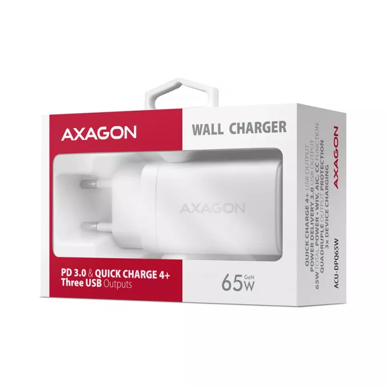 Axagon ACU-DPQ65W PD3.0 & QC4+ 3x ΕΞΟΔΟΙ φορτιστής τοίχου 65W
