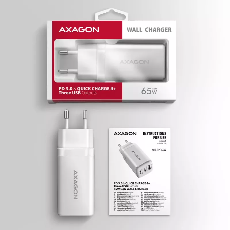 Axagon ACU-DPQ65W PD3.0 & QC4+ 3x ΕΞΟΔΟΙ φορτιστής τοίχου 65W
