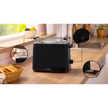 Τοστιέρα Bosch TAT3M123 2 φετών, 950 W, μαύρο, περιστροφικός διακόπτης, Απόψυξη & Ζέσταμα