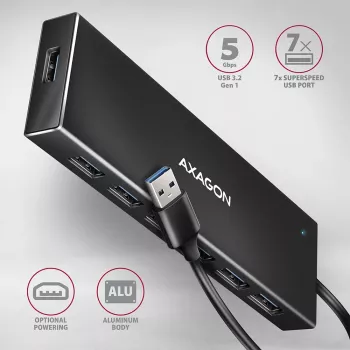 Axagon HUE-F7A 7x USB 3.2 Gen 1 ALU FLAT Hub micro power IN 1m USB-A USB 3.2 Gen 1 (3.1 Gen 1) Type-A 5000 Mbit/s μαύρο