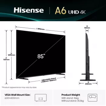 Hisense 85A6Q 85" (216 cm) 4K Ultra HD Smart τηλεόραση, VIDAA, Dolby Vision, Wi-Fi, μαύρη