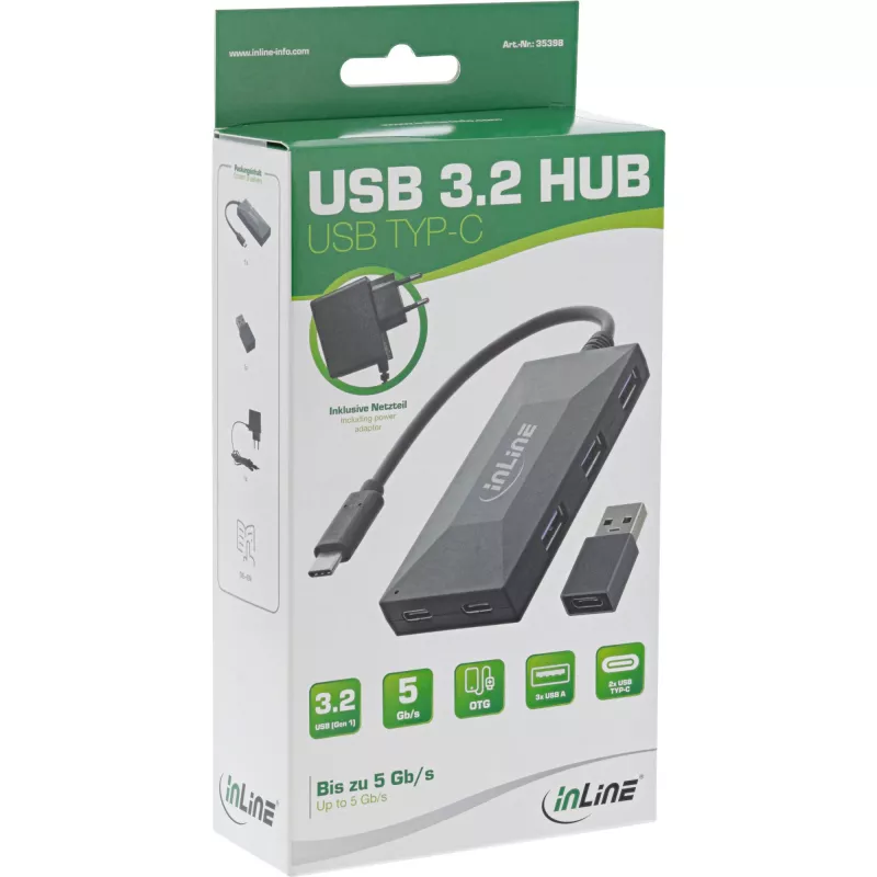 InLine USB 3.2 Gen.1 Hub, USB-C σε 2 θύρες USB-C και 3 θύρες USB-A, με τροφοδοτικό