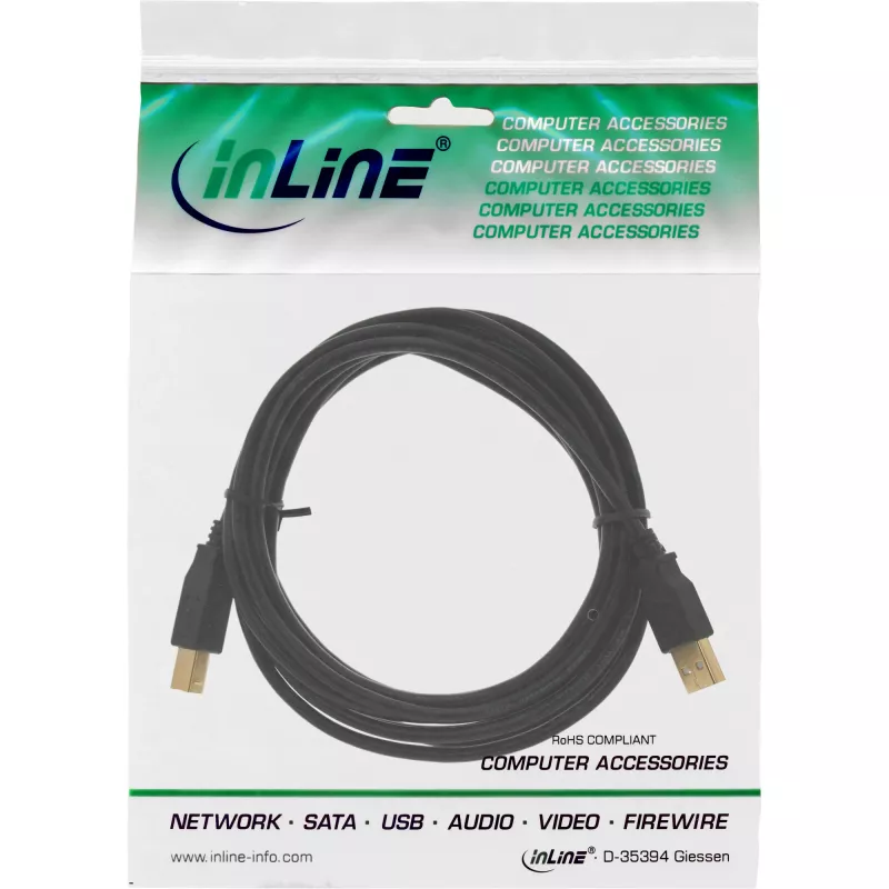 Καλώδιο USB 2.0 Type A αρσενικό / Type B θηλυκό μαύρο επιχρυσωμένο 2m InLine 34518S
