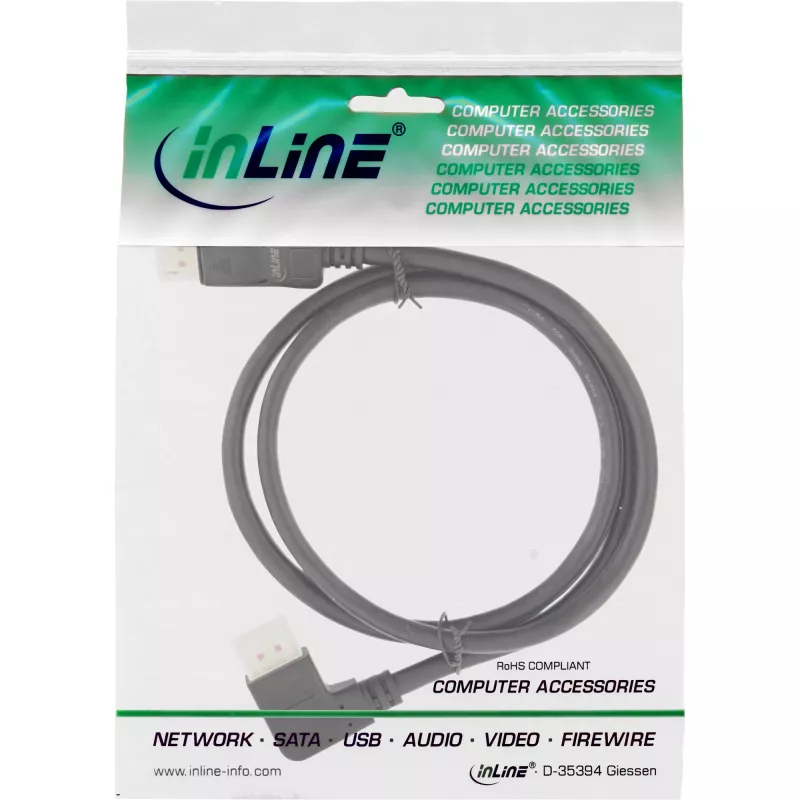 InLine Καλώδιο DisplayPort 1.4, 8K4K, Αριστερά Γωνιακό, μαύρο/χρυσό, 3 m