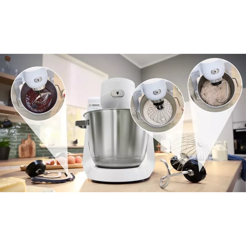 Bosch Serie 6 MUMS6EW22 κουζινομηχανή, 1600 W, σετ ζαχαροπλαστικής, εξάρτημα μπλέντερ, λευκό/ανοξείδωτο ατσάλι