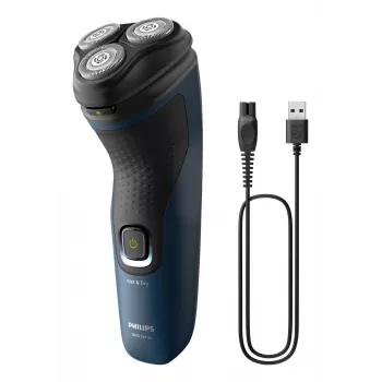 Ηλεκτρική ανδρική ξυριστική μηχανή Philips S1151/00 περιστροφική, 3 κεφαλές ξυρίσματος, μπαταρία NiMH, υγρό και στεγνό ξύρισμα, αυτονομία 40 λεπτά, μαύρο/μπλε