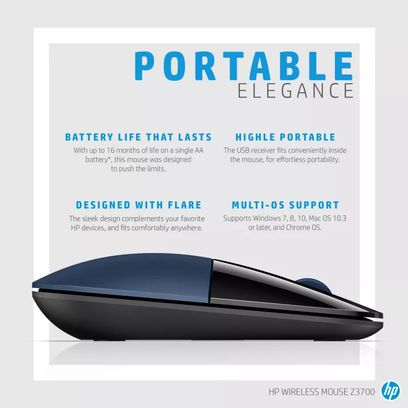 HP Wireless Ποντίκι Z3700, αμφίχειρο, Blue LED, RF Wireless, 1200 DPI, Μαύρο, Μπλε