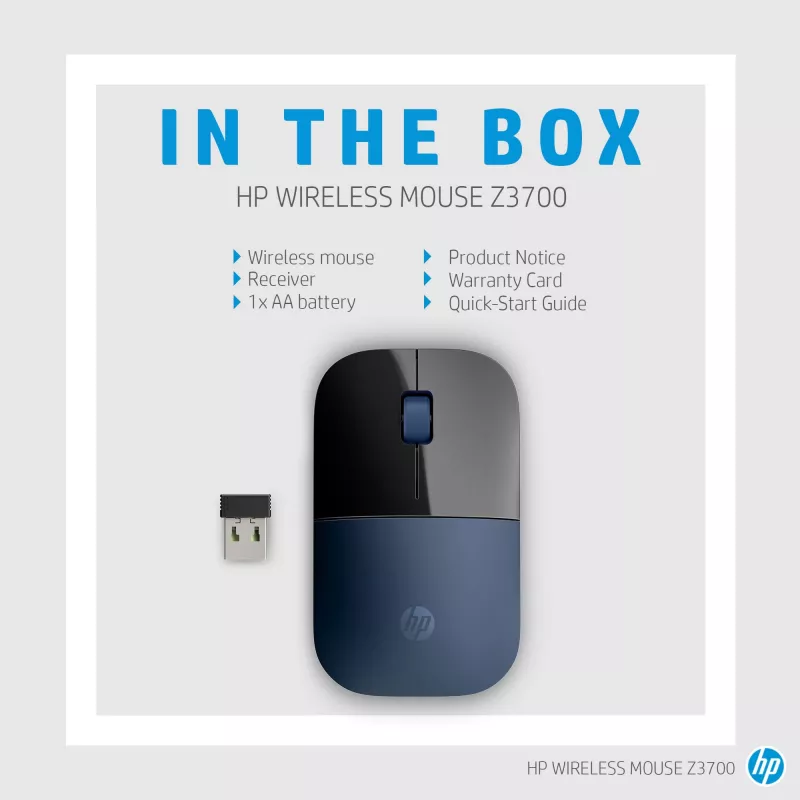 HP Wireless Ποντίκι Z3700, αμφίχειρο, Blue LED, RF Wireless, 1200 DPI, Μαύρο, Μπλε