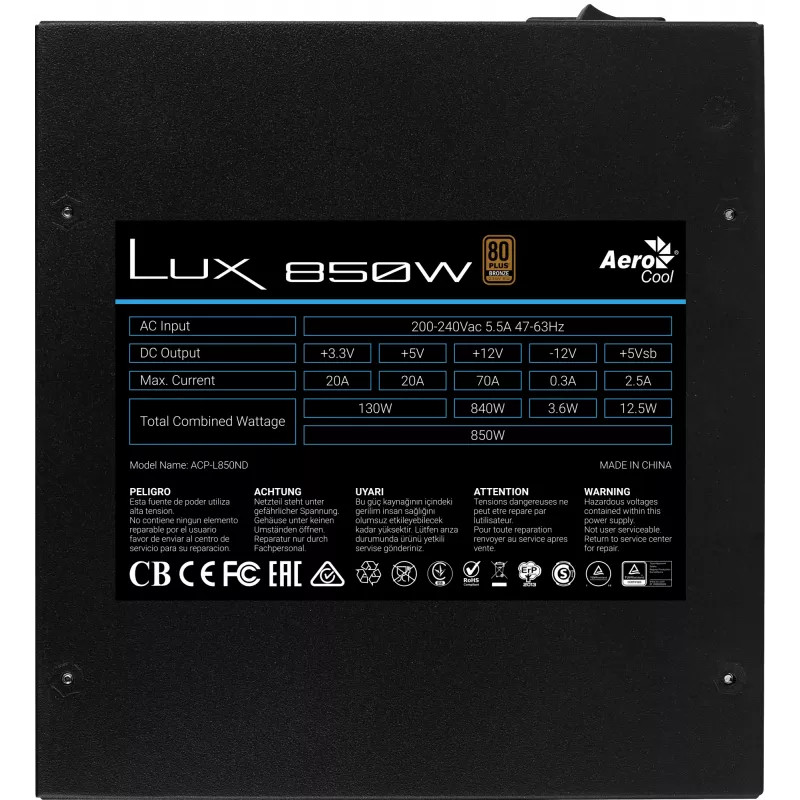 Aerocool LUX850 τροφοδοτικό PC 850W 80 Plus Bronze 230V 88% απόδοση μαύρο
