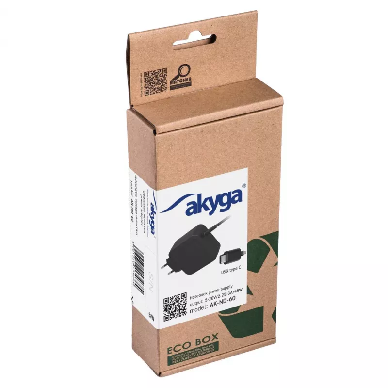 Akyga AK-ND-60 τροφοδοτικό notebook USB-C 45 W, Power Delivery, 5–20 V, 1,2 m
