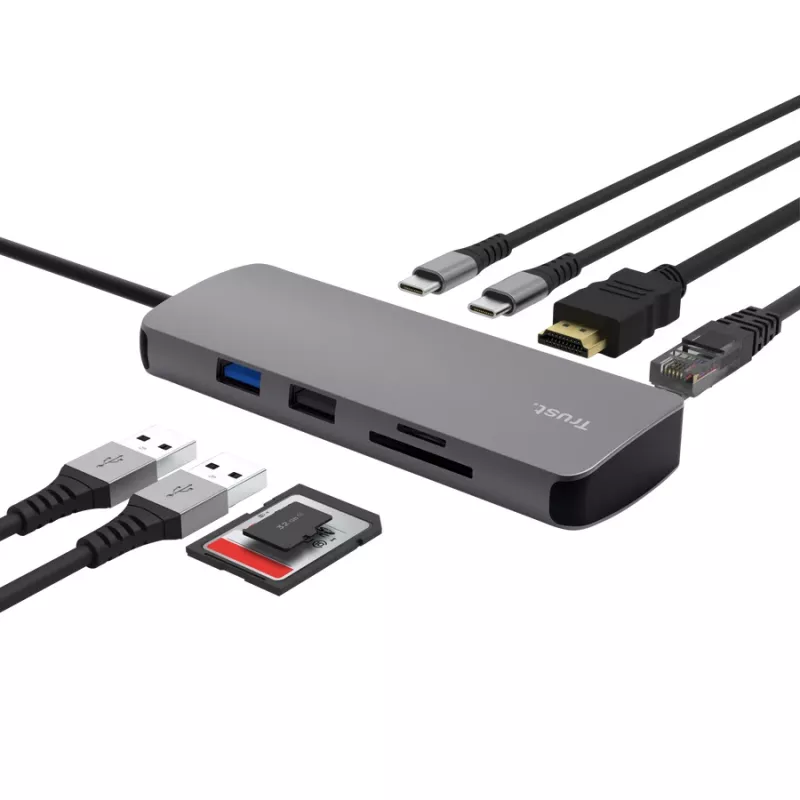 USB Type-C Hub TRUST 25672 — HDMI, RJ-45, USB 3.2 Gen 1 Type-A/Type-C, SD/MicroSD, γκρι
