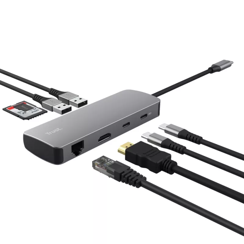 USB Type-C Hub TRUST 25672 — HDMI, RJ-45, USB 3.2 Gen 1 Type-A/Type-C, SD/MicroSD, γκρι