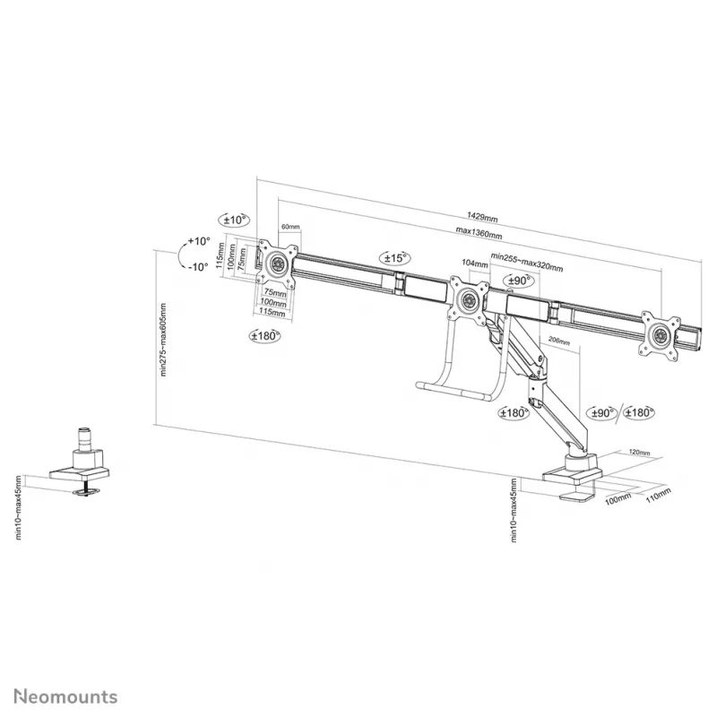 Neomounts NM-D775DX3SILVER βραχίονας οθόνης 17-27 ίντσες - γάζα - Topfix - 180°-Stopp