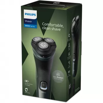 Ηλεκτρική Ξυριστική Μηχανή Philips 3000X Series X3052/00 — περιστροφική, 3 κεφαλές, Υγρή & Στεγνή, μπαταρία NiMH, 45 λεπτά διάρκεια, trimmer, μαύρο/πράσινο
