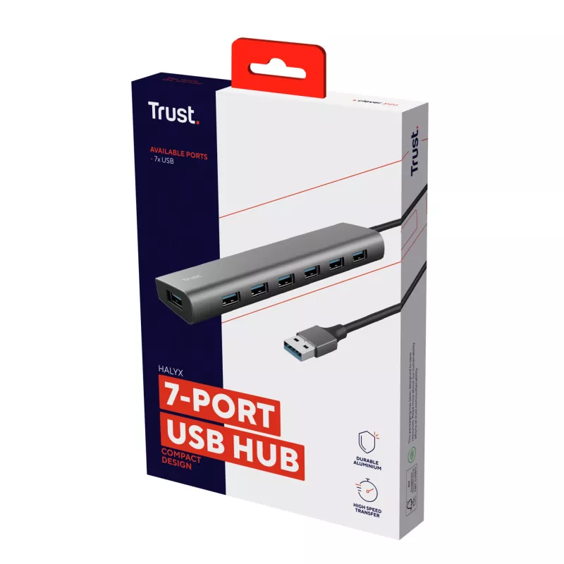 Trust Halyx 24967 USB hub 7 θυρών, USB 3.2 Gen 1, Type-A, 5000 Mbit/s, ασημί