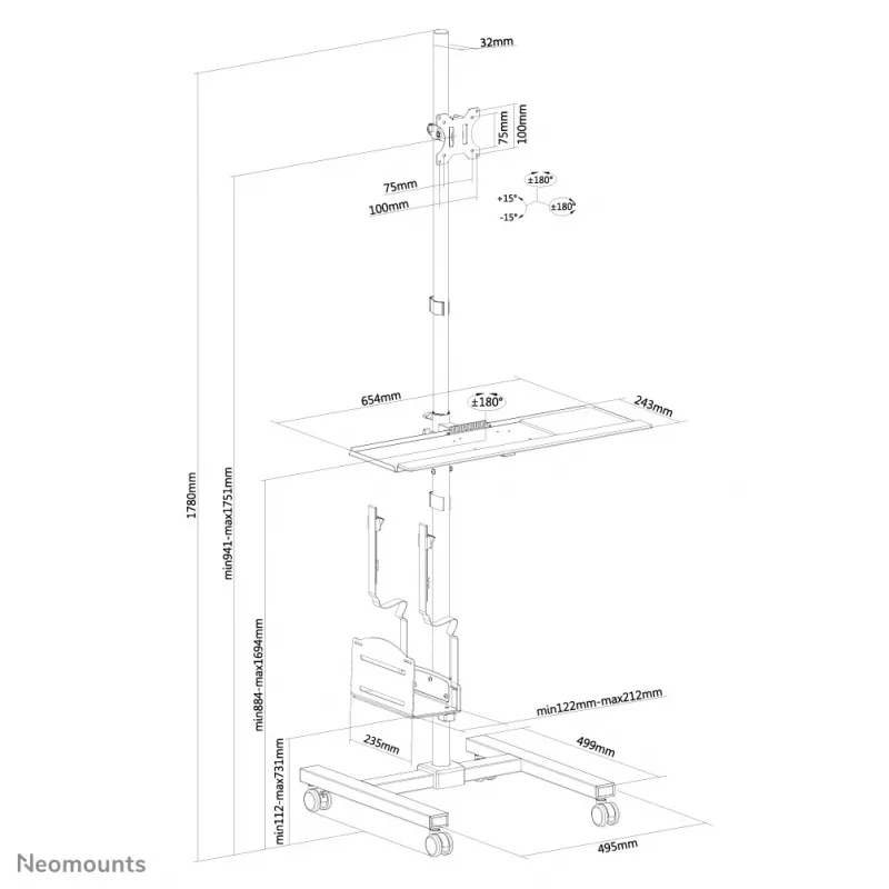 Neomounts FPMA-MOBILE1700 κινητός σταθμός εργασίας, 10-32 ίντσες (25,4-81,3 cm), μέγ. 8 kg, VESA 75x75-100x100, ύψος 94-175 cm, χάλυβας, μαύρο