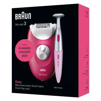 Αποτριχωτική μηχανή Braun Silk-épil 3 SE3-202, 20 τσιμπιδάκια, λειτουργία με ρεύμα, Berry
