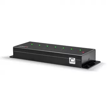 Lindy 42794 βιομηχανικός μεταλλικός διανομέας USB 2.0 7 θυρών, 480 Mbit/s, γλωσσίδια στήριξης, εξωτερικό τροφοδοτικό, μαύρος